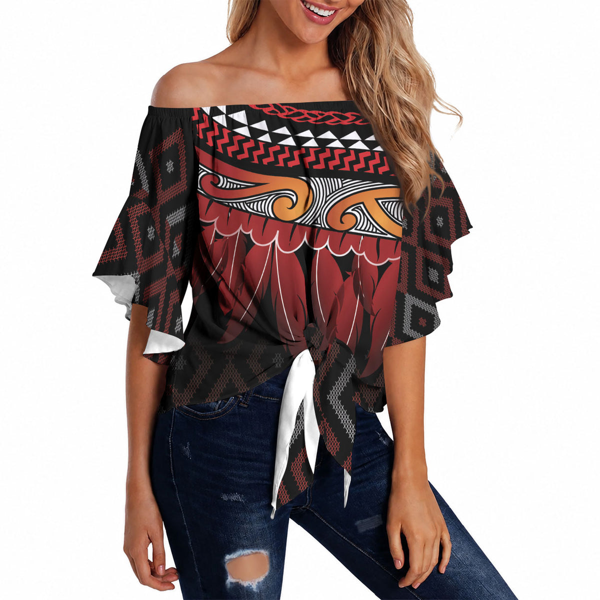 Aotearoa Maori Ngapuhi Iwi Off Shoulder Wrap Waist Top Korowai Tukutuku Kaokao Motifs