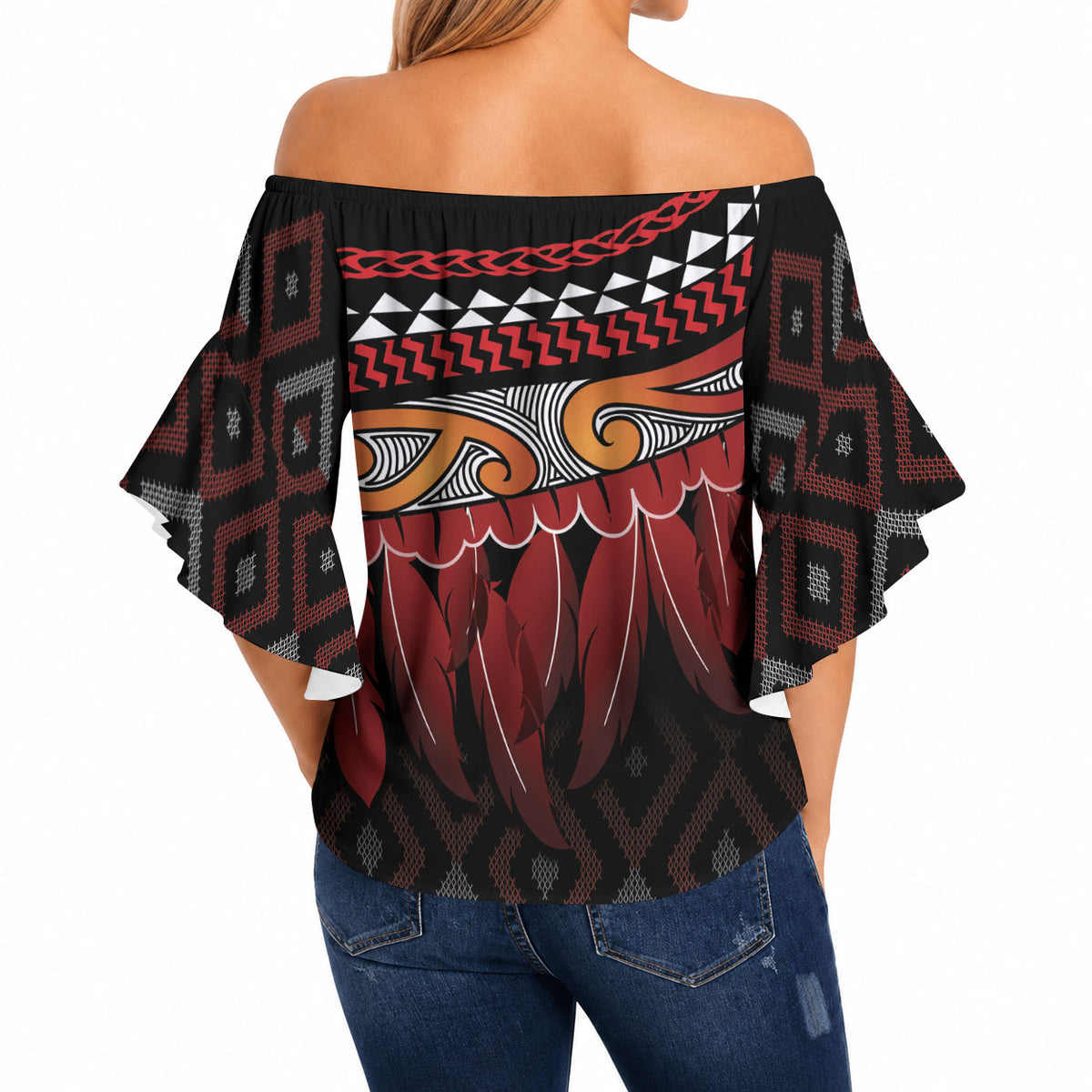 Aotearoa Maori Ngapuhi Iwi Off Shoulder Wrap Waist Top Korowai Tukutuku Kaokao Motifs