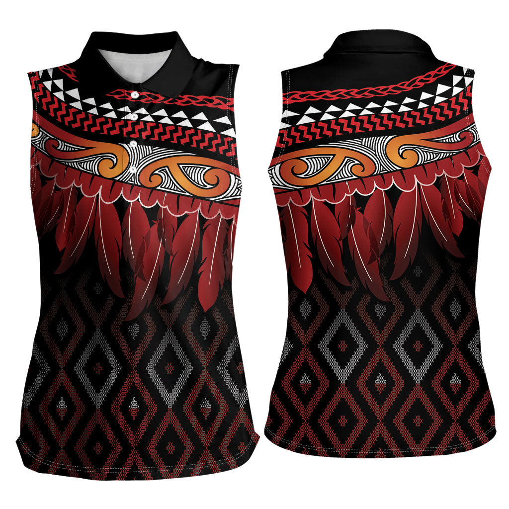 Aotearoa Maori Ngapuhi Iwi Women Sleeveless Polo Shirt Korowai Tukutuku Kaokao Motifs