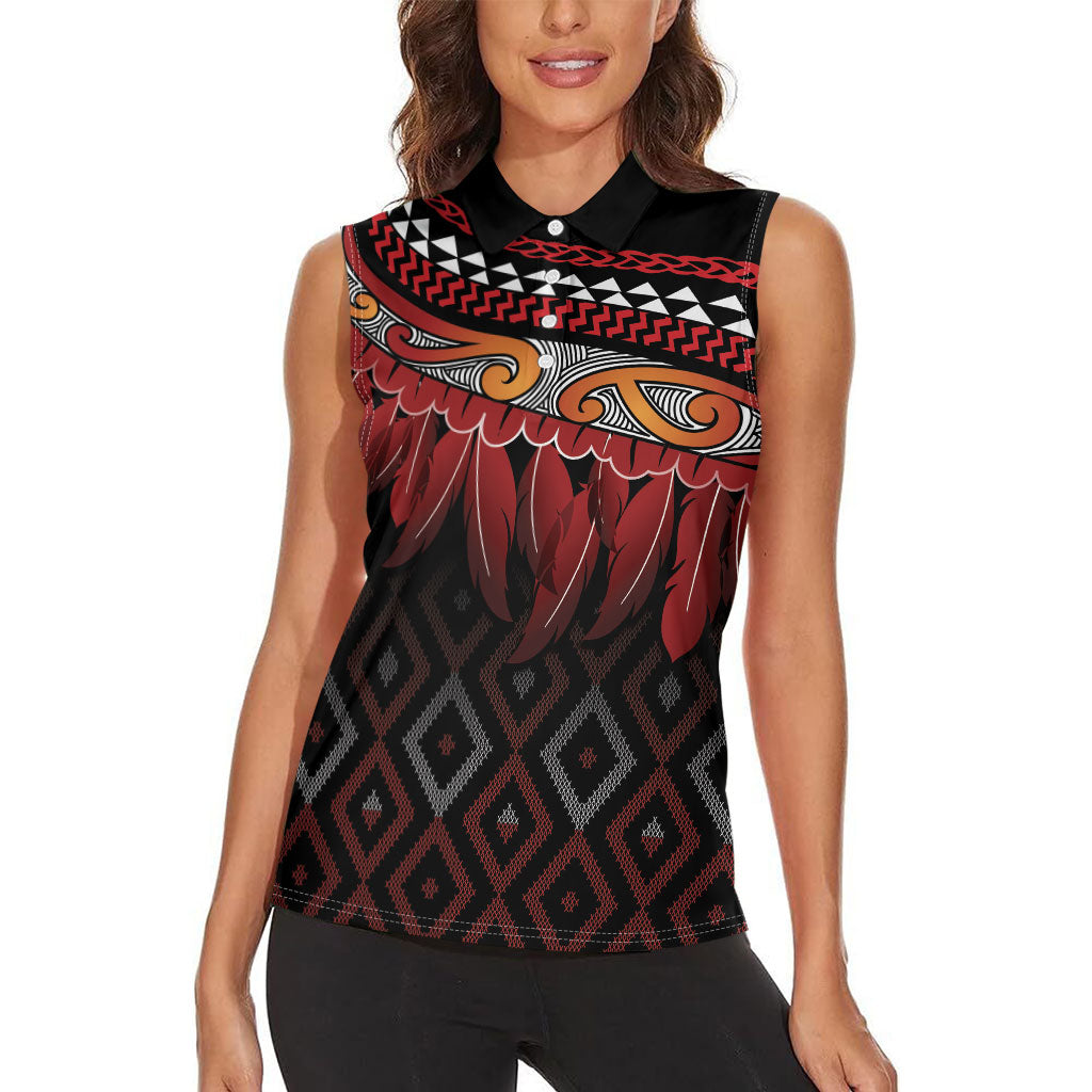 Aotearoa Maori Ngapuhi Iwi Women Sleeveless Polo Shirt Korowai Tukutuku Kaokao Motifs