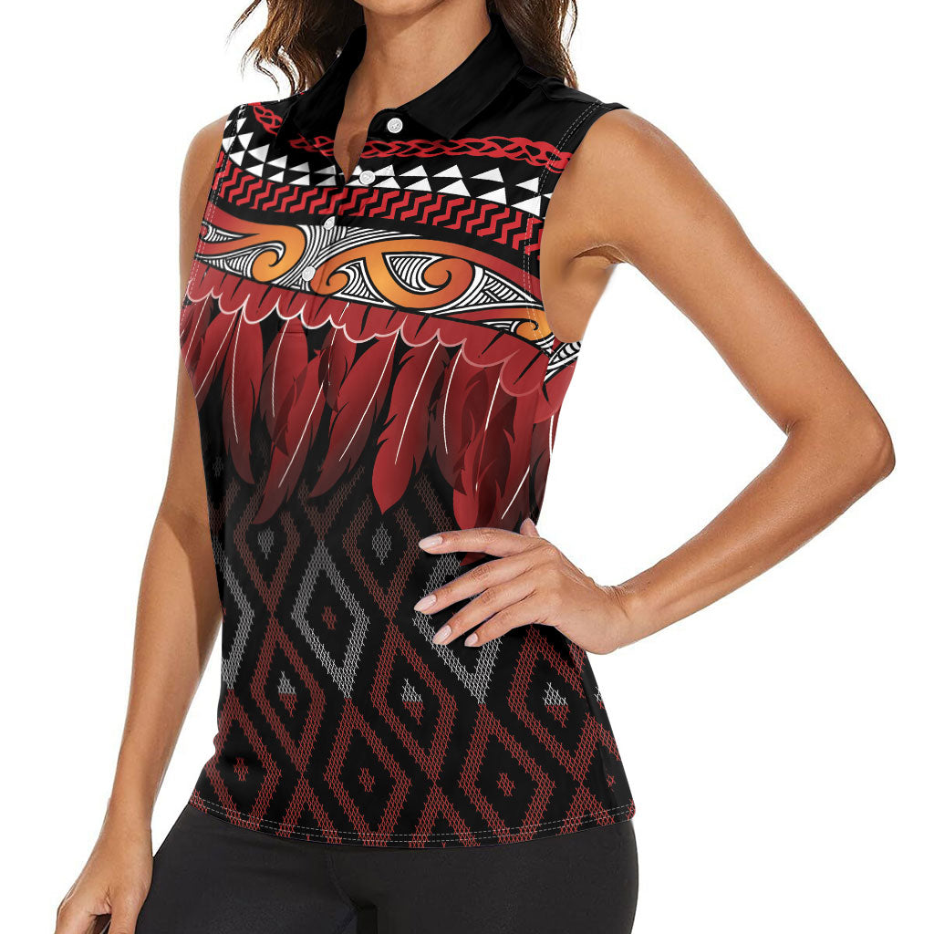 Aotearoa Maori Ngapuhi Iwi Women Sleeveless Polo Shirt Korowai Tukutuku Kaokao Motifs