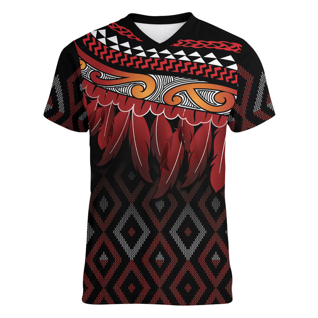 Aotearoa Maori Ngapuhi Iwi Women V-Neck T-Shirt Korowai Tukutuku Kaokao Motifs
