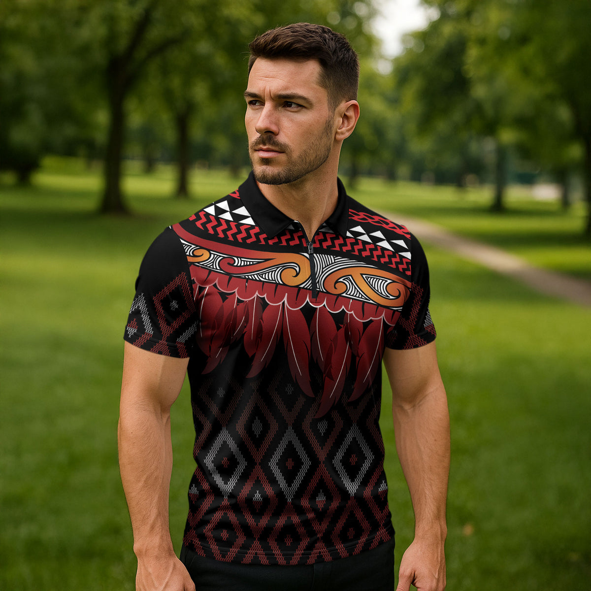 Aotearoa Maori Ngapuhi Iwi Zipper Polo Shirt Korowai Tukutuku Kaokao Motifs