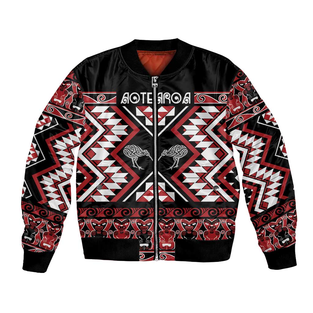 Personalised Taniko Motifs Aotearoa Bomber Jacket Waitangi Kowhaiwhai Kiwi LT7 Unisex Red - Polynesian Pride