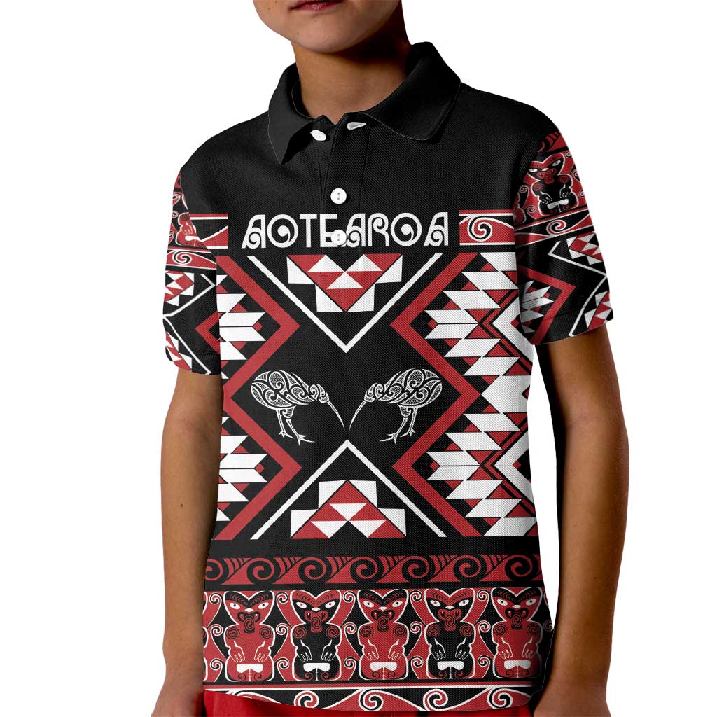 Personalised Taniko Motifs Aotearoa Kid Polo Shirt Waitangi Kowhaiwhai Kiwi LT7 Kid Red - Polynesian Pride