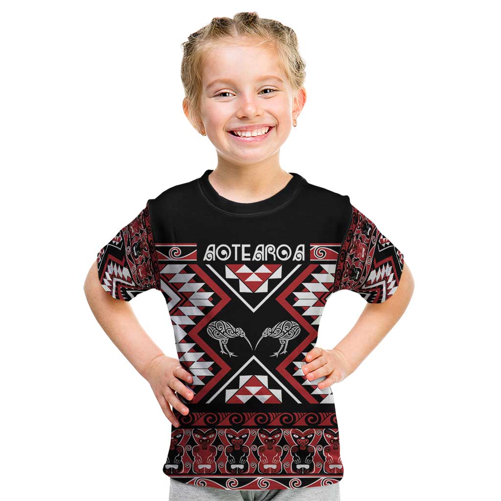 Personalised Taniko Motifs Aotearoa Kid T Shirt Waitangi Kowhaiwhai Kiwi LT7 Red - Polynesian Pride