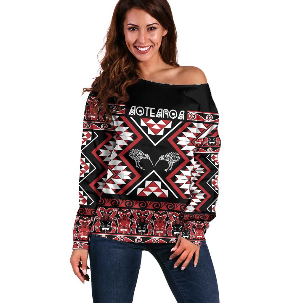 Personalised Taniko Motifs Aotearoa Off Shoulder Sweater Waitangi Kowhaiwhai Kiwi LT7 Women Red - Polynesian Pride