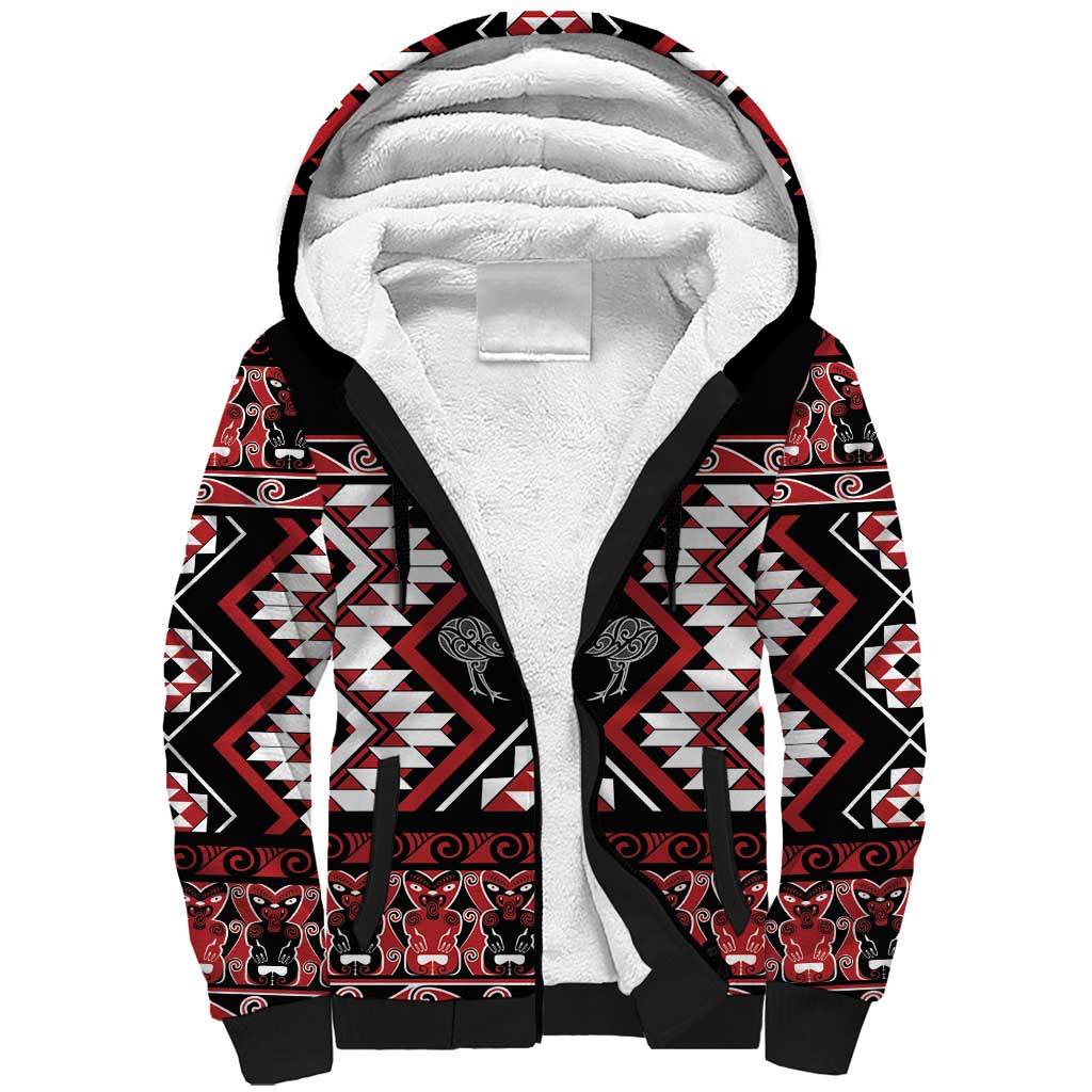 Personalised Taniko Motifs Aotearoa Sherpa Hoodie Waitangi Kowhaiwhai Kiwi LT7 Unisex Red - Polynesian Pride