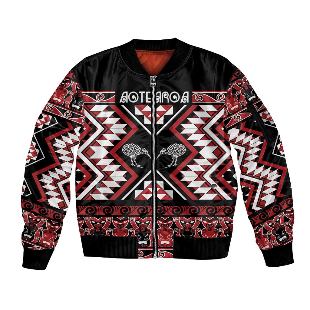 Personalised Taniko Motifs Aotearoa Sleeve Zip Bomber Jacket Waitangi Kowhaiwhai Kiwi LT7 Unisex Red - Polynesian Pride