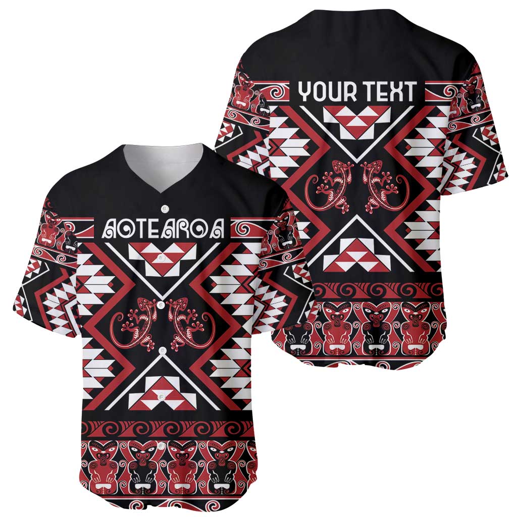 Personalised Aotearoa Waitangi Baseball Jersey Taniko Motifs - Mania Gecko LT7 - Polynesian Pride