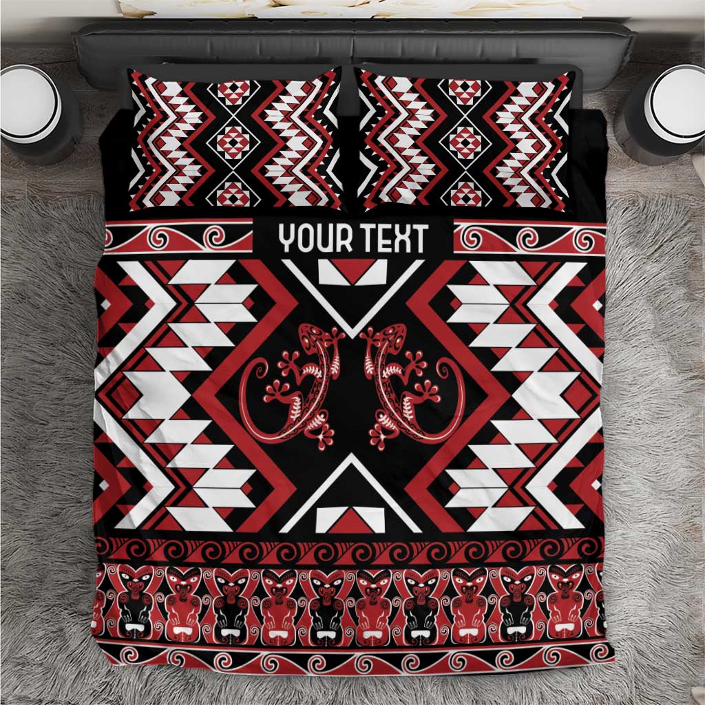 Personalised Aotearoa Waitangi Bedding Set Taniko Motifs - Mania Gecko LT7 Red - Polynesian Pride