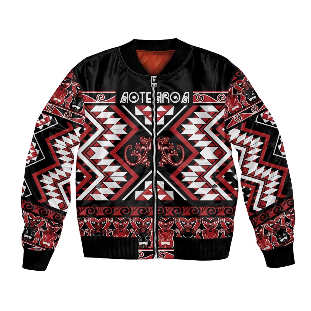 Personalised Aotearoa Waitangi Bomber Jacket Taniko Motifs - Mania Gecko LT7 Unisex Red - Polynesian Pride