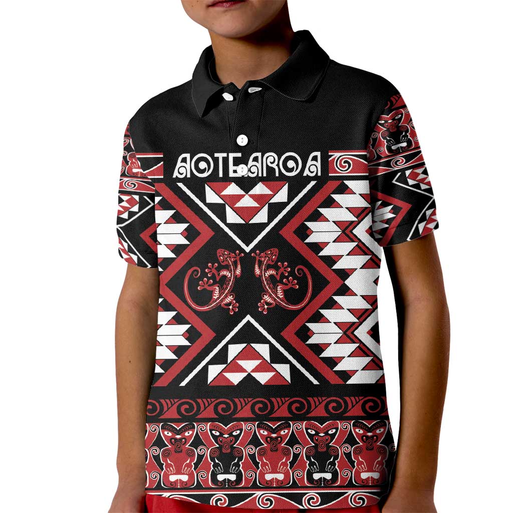 Personalised Aotearoa Waitangi Kid Polo Shirt Taniko Motifs - Mania Gecko LT7 Kid Red - Polynesian Pride