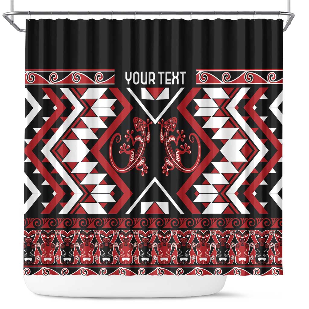 Personalised Aotearoa Waitangi Shower Curtain Taniko Motifs - Mania Gecko LT7 Red - Polynesian Pride