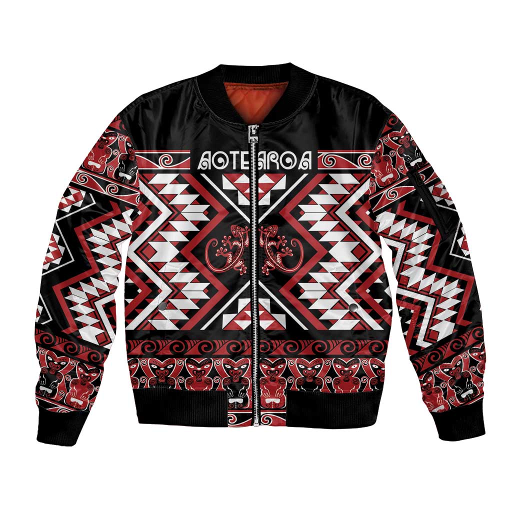 Personalised Aotearoa Waitangi Sleeve Zip Bomber Jacket Taniko Motifs - Mania Gecko LT7 Unisex Red - Polynesian Pride