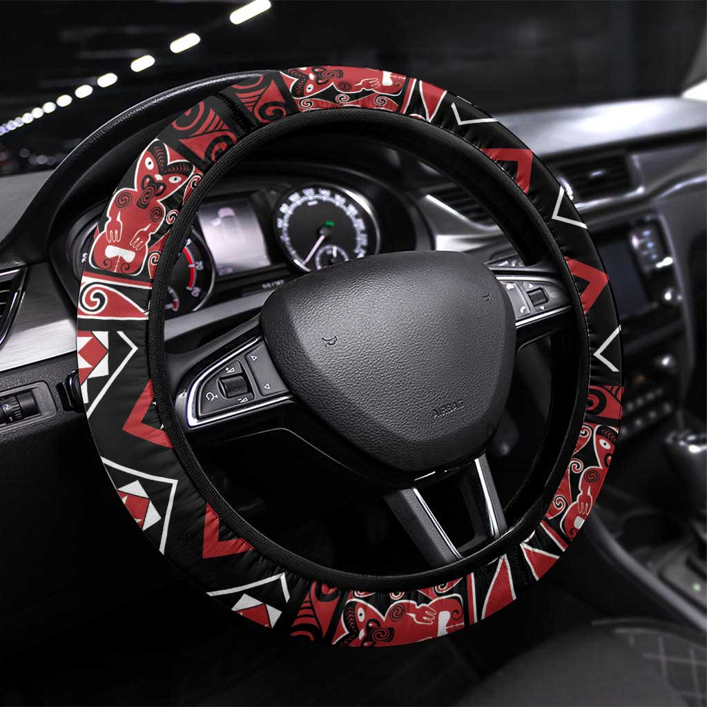 Aotearoa Waitangi Steering Wheel Cover Taniko Motifs - Mania Gecko LT7 Universal Fit Red - Polynesian Pride
