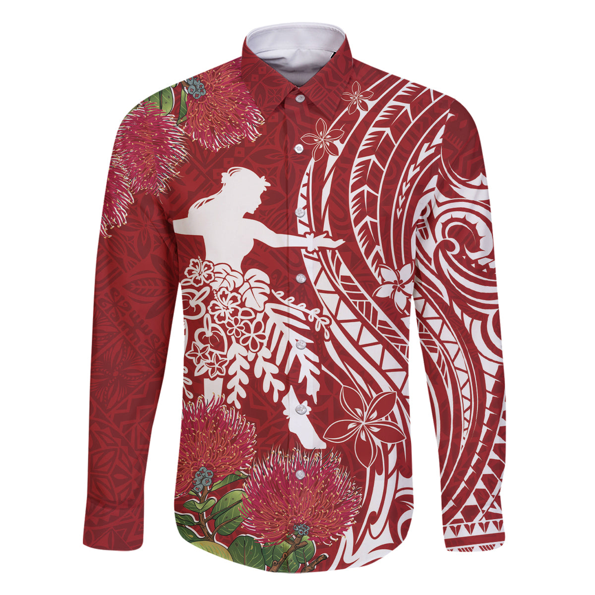 Personalised Hawaii Wahine Family Matching Tank Maxi Dress and Hawaiian Shirt Women's Day Ohia Lehua LT7 Dad's Shirt - Long Sleeve Red - Polynesian Pride