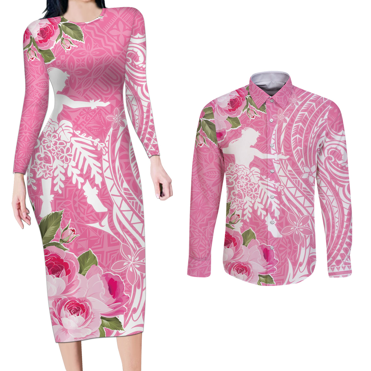 Personalised Hawaii Wahine Couples Matching Long Sleeve Bodycon Dress and Long Sleeve Button Shirt Women's Day Maui Lokelani Roses LT7 Pink - Polynesian Pride