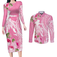 Personalised Hawaii Wahine Couples Matching Long Sleeve Bodycon Dress and Long Sleeve Button Shirt Women's Day Maui Lokelani Roses LT7 Pink - Polynesian Pride
