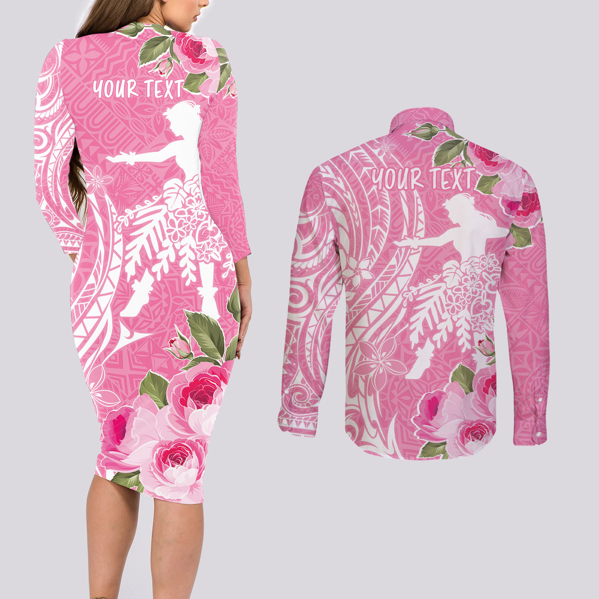 Personalised Hawaii Wahine Couples Matching Long Sleeve Bodycon Dress and Long Sleeve Button Shirt Women's Day Maui Lokelani Roses LT7 - Polynesian Pride