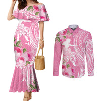 Personalised Hawaii Wahine Couples Matching Mermaid Dress and Long Sleeve Button Shirt Women's Day Maui Lokelani Roses LT7 Pink - Polynesian Pride