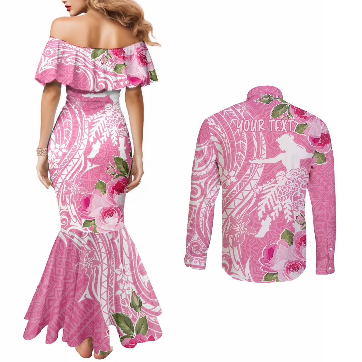 Personalised Hawaii Wahine Couples Matching Mermaid Dress and Long Sleeve Button Shirt Women's Day Maui Lokelani Roses LT7 - Polynesian Pride