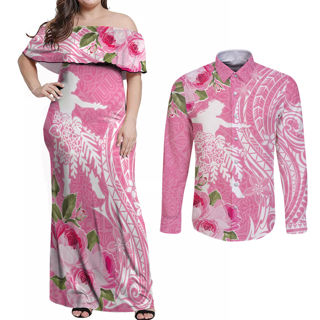 Personalised Hawaii Wahine Couples Matching Off Shoulder Maxi Dress and Long Sleeve Button Shirt Women's Day Maui Lokelani Roses LT7 Pink - Polynesian Pride