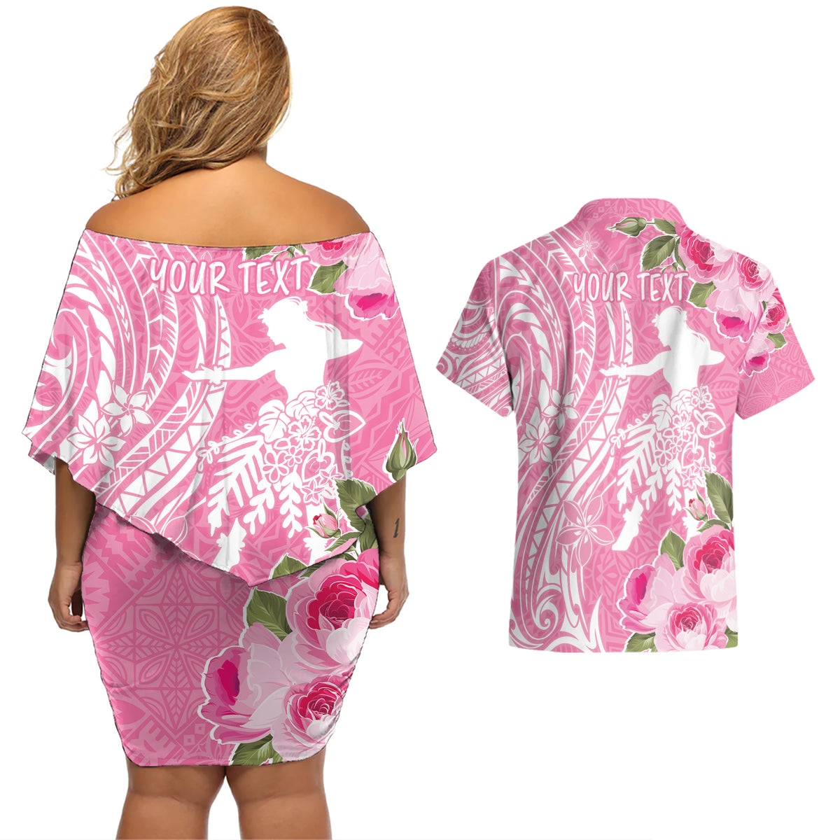 Personalised Hawaii Wahine Couples Matching Off Shoulder Short Dress and Hawaiian Shirt Women's Day Maui Lokelani Roses LT7 - Polynesian Pride