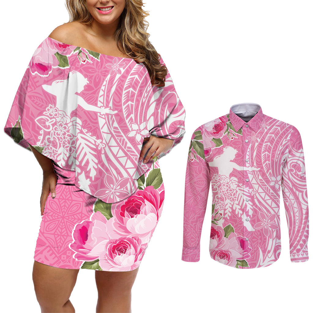 Personalised Hawaii Wahine Couples Matching Off Shoulder Short Dress and Long Sleeve Button Shirt Women's Day Maui Lokelani Roses LT7 Pink - Polynesian Pride