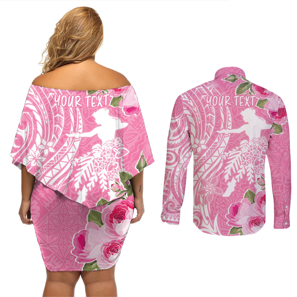 Personalised Hawaii Wahine Couples Matching Off Shoulder Short Dress and Long Sleeve Button Shirt Women's Day Maui Lokelani Roses LT7 - Polynesian Pride