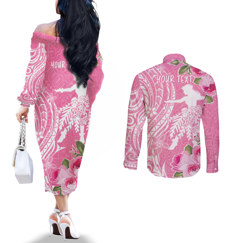 Personalised Hawaii Wahine Couples Matching Off The Shoulder Long Sleeve Dress and Long Sleeve Button Shirt Women's Day Maui Lokelani Roses LT7 - Polynesian Pride
