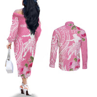 Personalised Hawaii Wahine Couples Matching Off The Shoulder Long Sleeve Dress and Long Sleeve Button Shirt Women's Day Maui Lokelani Roses LT7 - Polynesian Pride