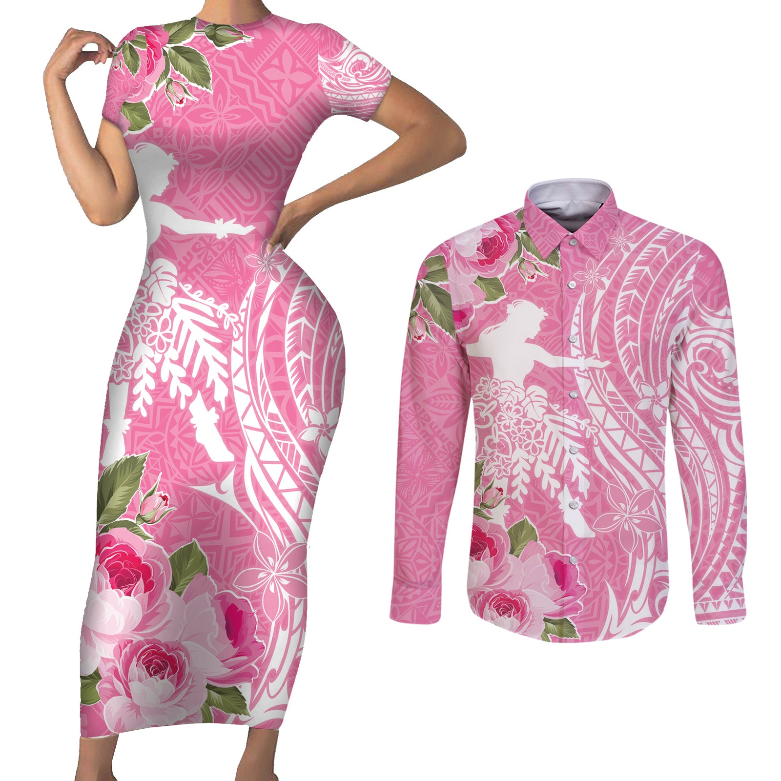 Personalised Hawaii Wahine Couples Matching Short Sleeve Bodycon Dress and Long Sleeve Button Shirt Women's Day Maui Lokelani Roses LT7 Pink - Polynesian Pride