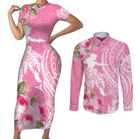 Personalised Hawaii Wahine Couples Matching Short Sleeve Bodycon Dress and Long Sleeve Button Shirt Women's Day Maui Lokelani Roses LT7 Pink - Polynesian Pride