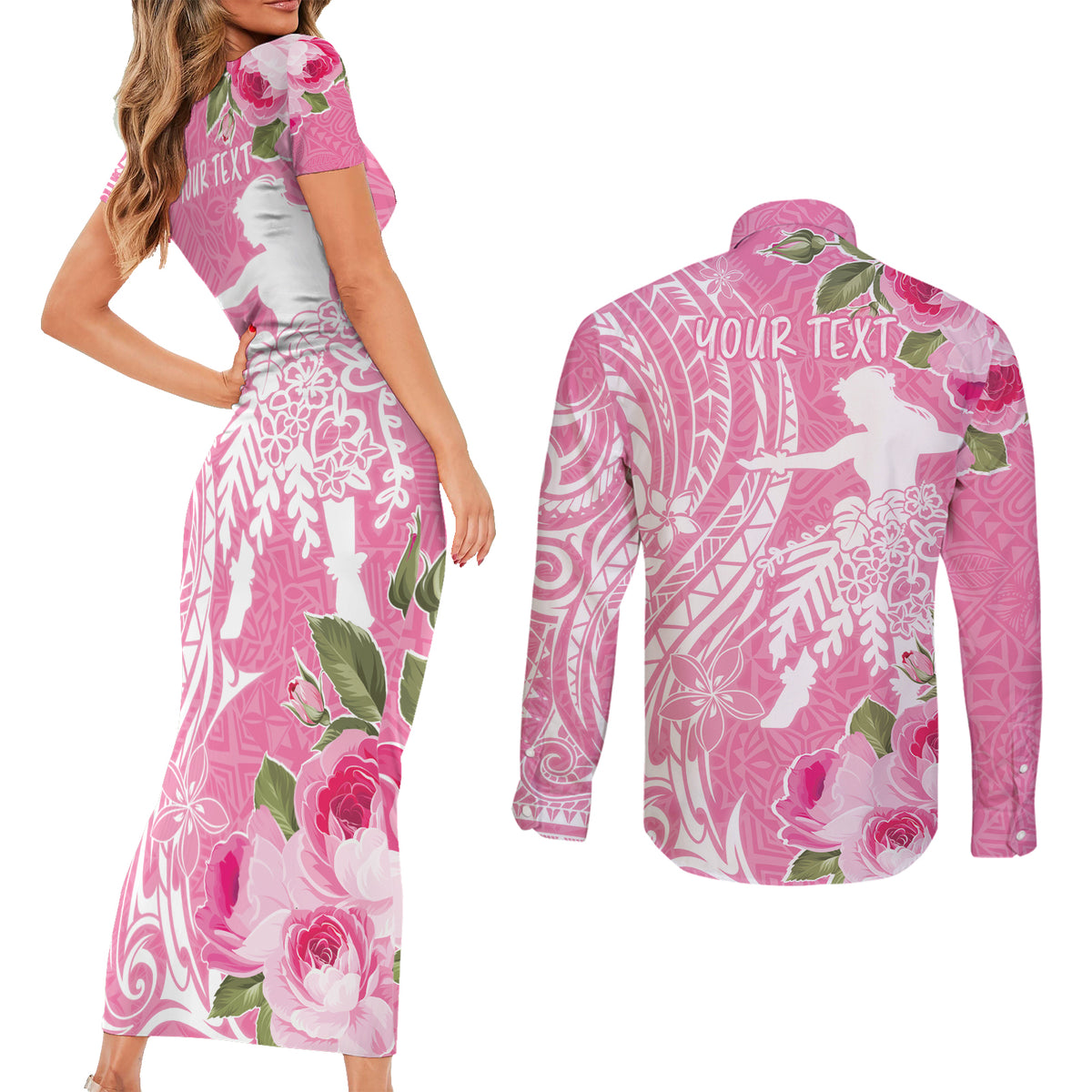 Personalised Hawaii Wahine Couples Matching Short Sleeve Bodycon Dress and Long Sleeve Button Shirt Women's Day Maui Lokelani Roses LT7 - Polynesian Pride
