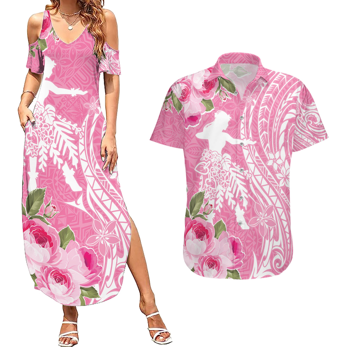 Personalised Hawaii Wahine Couples Matching Summer Maxi Dress and Hawaiian Shirt Women's Day Maui Lokelani Roses LT7 Pink - Polynesian Pride