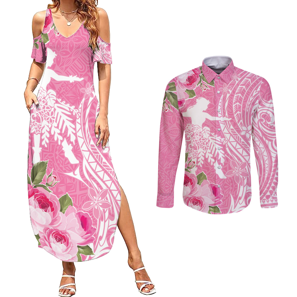 Personalised Hawaii Wahine Couples Matching Summer Maxi Dress and Long Sleeve Button Shirt Women's Day Maui Lokelani Roses LT7 Pink - Polynesian Pride