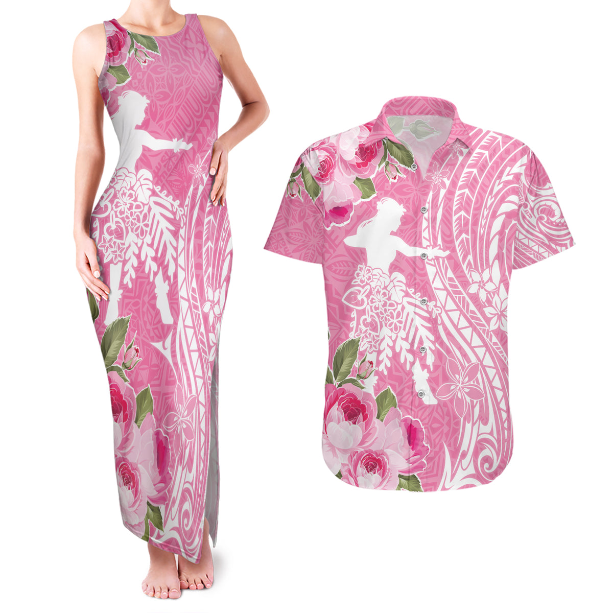 Personalised Hawaii Wahine Couples Matching Tank Maxi Dress and Hawaiian Shirt Women's Day Maui Lokelani Roses LT7 Pink - Polynesian Pride