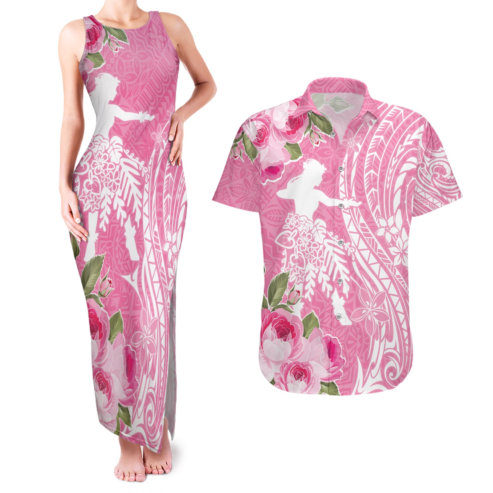 Personalised Hawaii Wahine Couples Matching Tank Maxi Dress and Hawaiian Shirt Women's Day Maui Lokelani Roses LT7 Pink - Polynesian Pride