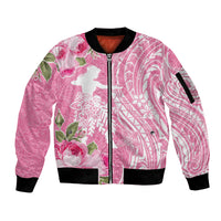 Personalised Hawaii Wahine Sleeve Zip Bomber Jacket Women's Day Maui Lokelani Roses LT7 Unisex Pink - Polynesian Pride