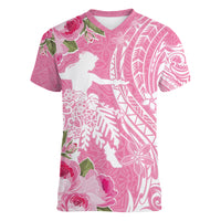 Personalised Hawaii Wahine Women V Neck T Shirt Women's Day Maui Lokelani Roses LT7 Female Pink - Polynesian Pride