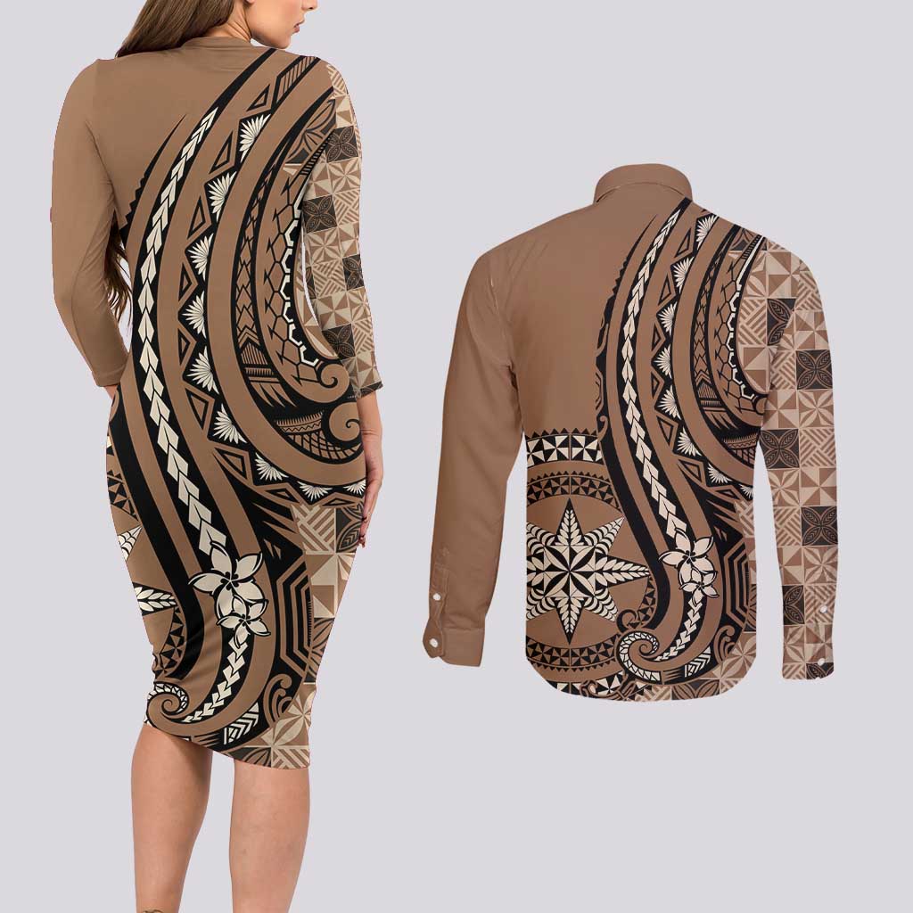 Personalized Tonga Ngatu Couples Matching Long Sleeve Bodycon Dress and Long Sleeve Button Shirt Vintage Brown Manulua Motifs