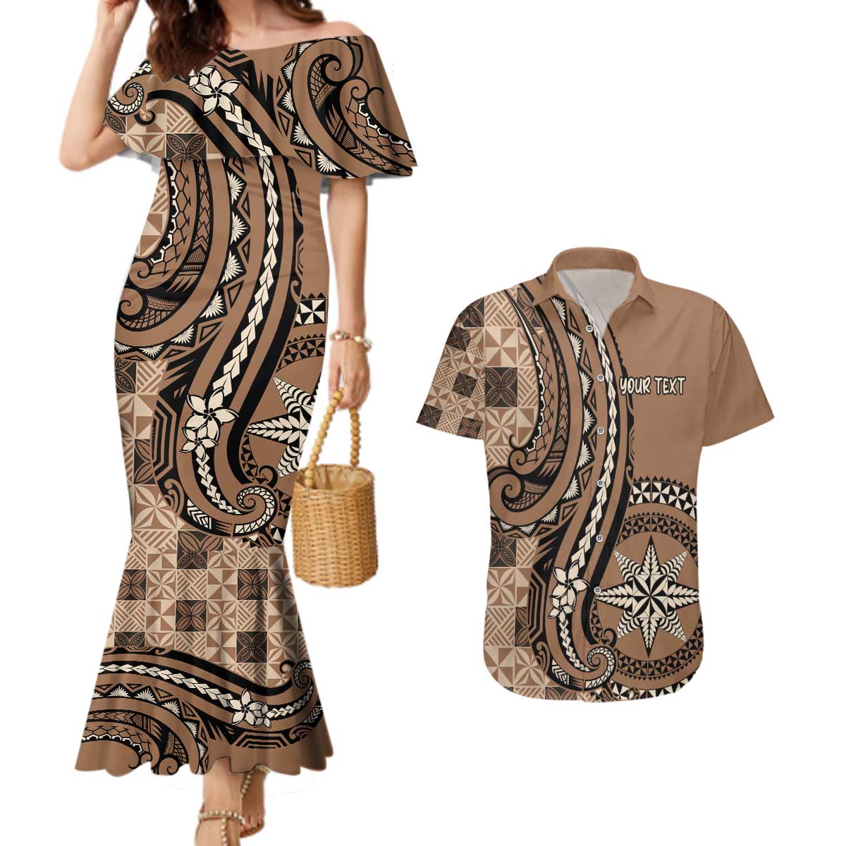 Personalized Tonga Ngatu Couples Matching Mermaid Dress and Hawaiian Shirt Vintage Brown Manulua Motifs