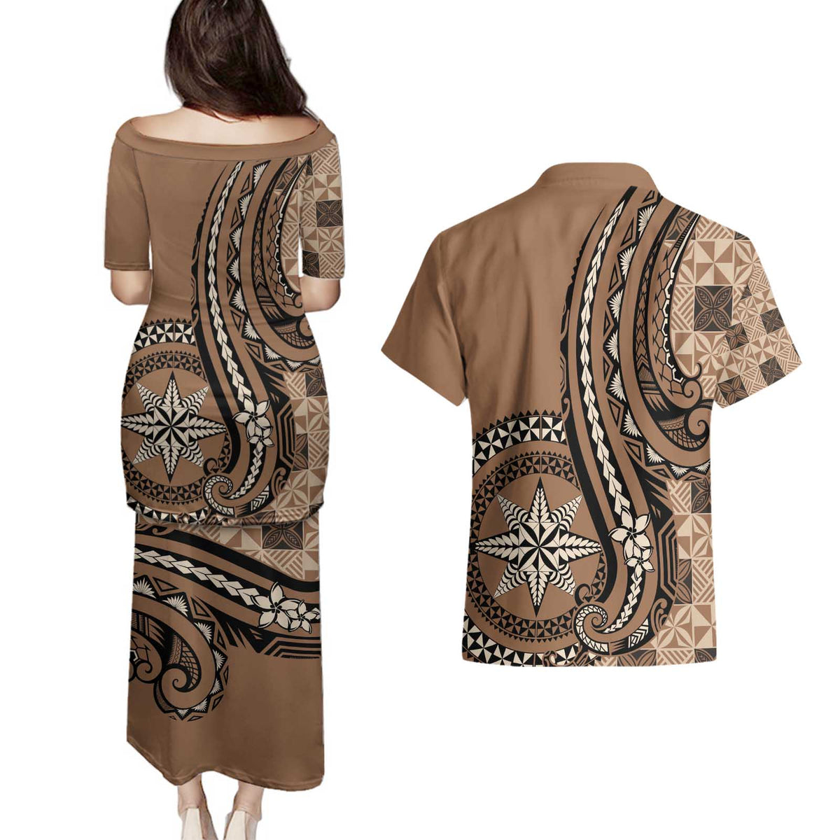 Personalized Tonga Ngatu Couples Matching Puletasi and Hawaiian Shirt Vintage Brown Manulua Motifs