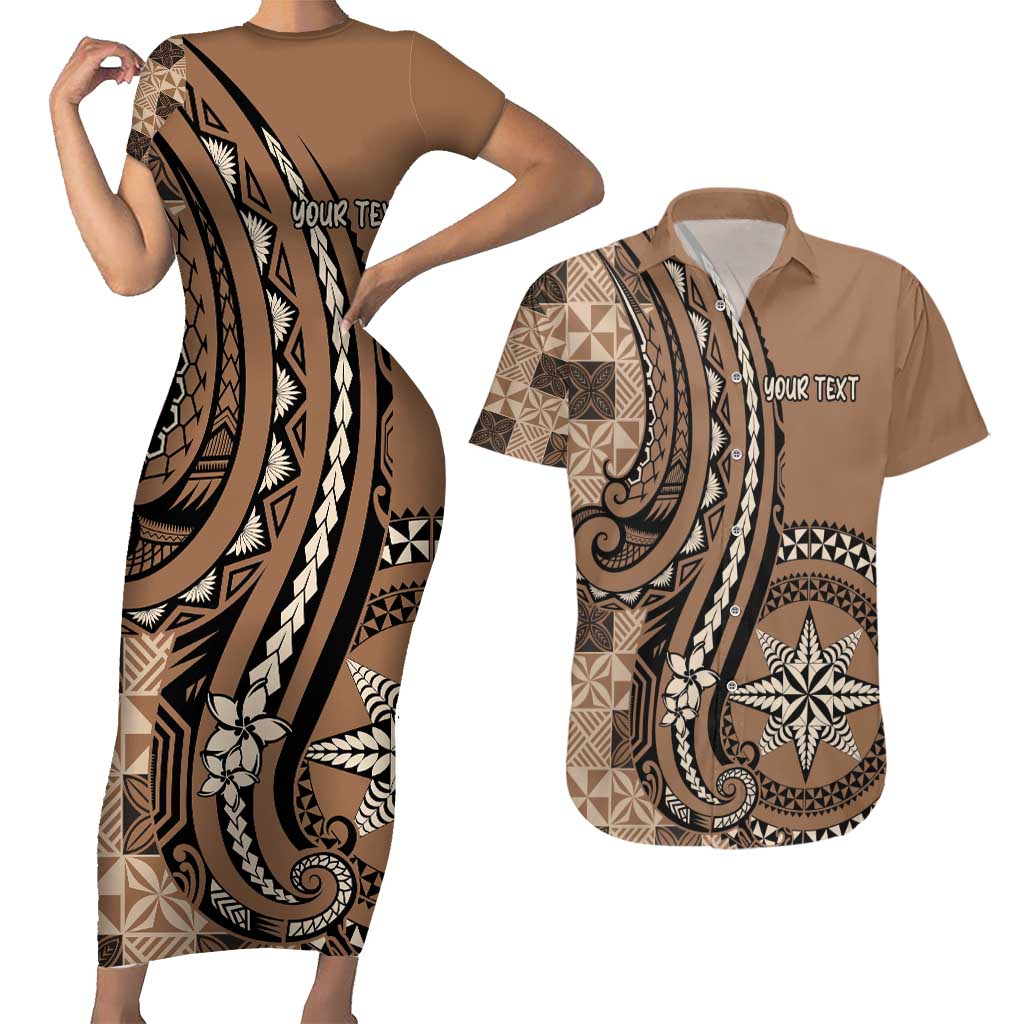 Personalized Tonga Ngatu Couples Matching Short Sleeve Bodycon Dress and Hawaiian Shirt Vintage Brown Manulua Motifs