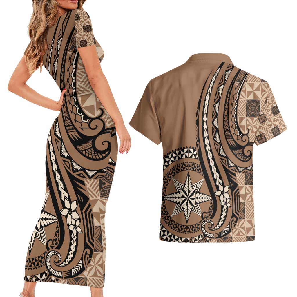 Personalized Tonga Ngatu Couples Matching Short Sleeve Bodycon Dress and Hawaiian Shirt Vintage Brown Manulua Motifs