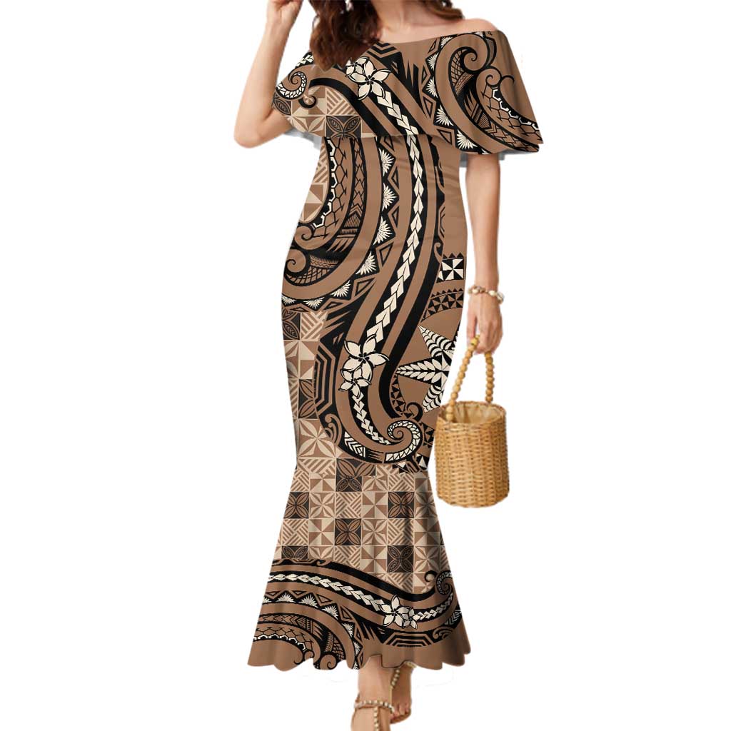 Personalized Tonga Ngatu Family Matching Mermaid Dress and Hawaiian Shirt Vintage Brown Manulua Motifs