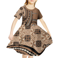 Personalized Tonga Ngatu Kid Short Sleeve Dress Vintage Brown Manulua Motifs