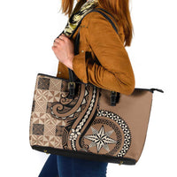 Tonga Ngatu Leather Tote Bag Vintage Brown Manulua Motifs LT7 Brown - Polynesian Pride