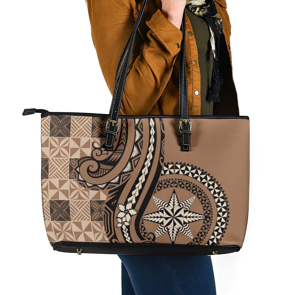 Tonga Ngatu Leather Tote Bag Vintage Brown Manulua Motifs LT7 - Polynesian Pride